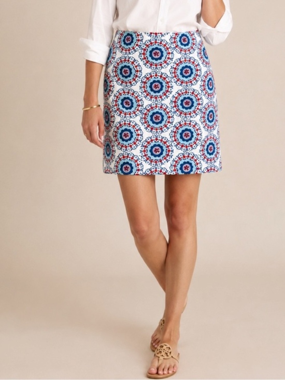 Talbots White Blue Red Medallion Print A-Line Skirt